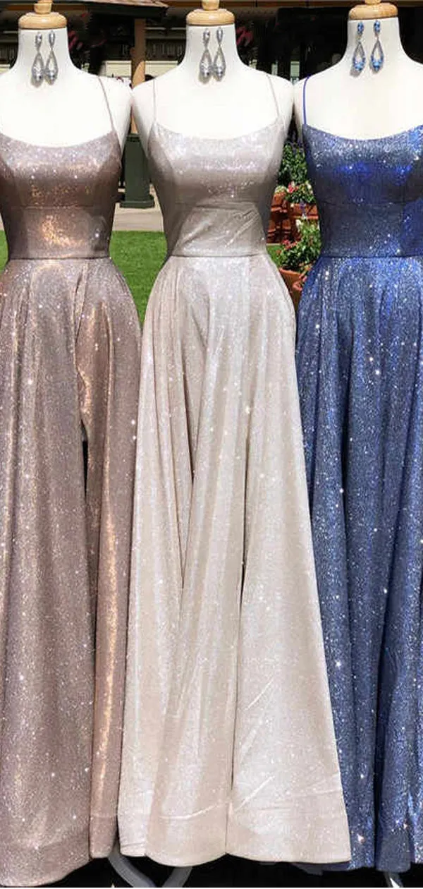 A-line Sparkly Spaghetti Straps Long Vintage Shining Simple Prom Dresses PD130