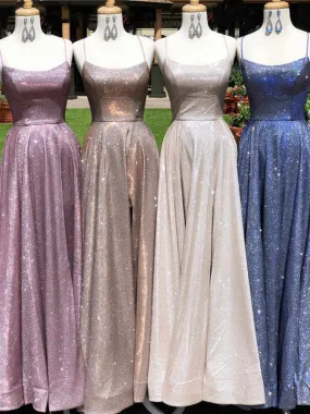 A-line Sparkly Spaghetti Straps Long Vintage Shining Simple Prom Dresses PD130