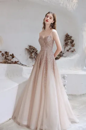 A Line Strapless Beading Tulle Court Train Prom Dresses