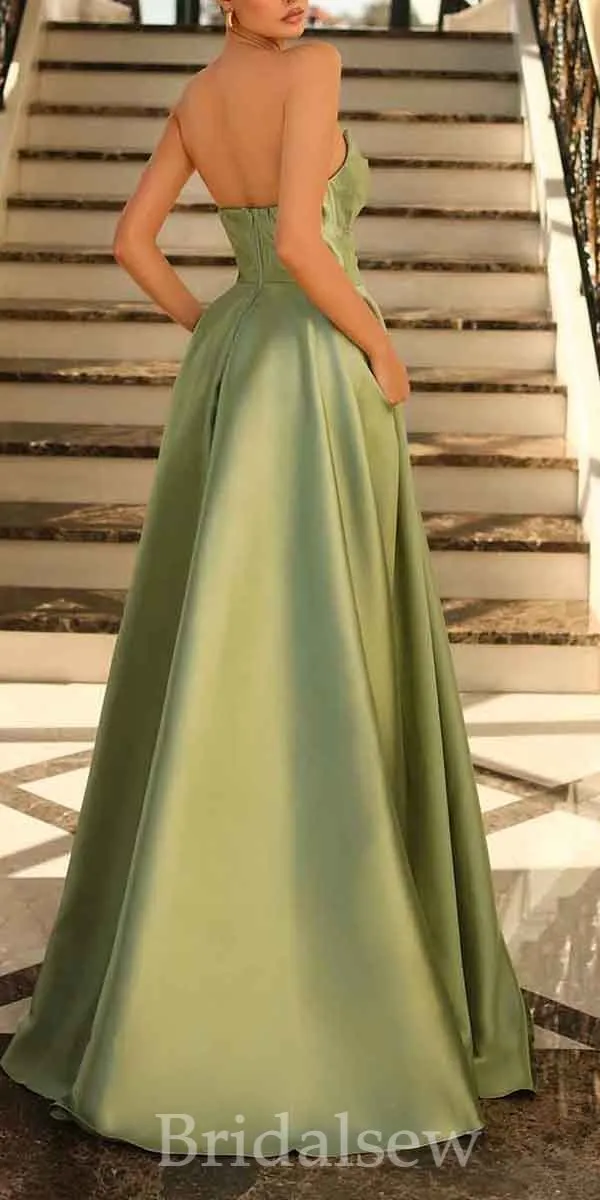 A-line Strapless Sage Satin Popular Elegant Evening Formal Long Prom Dresses PD1423