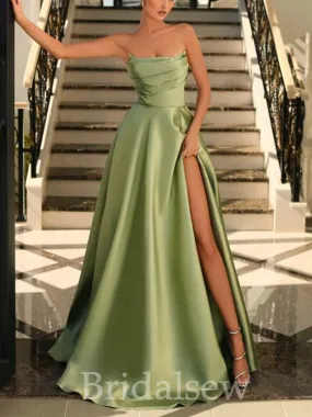 A-line Strapless Sage Satin Popular Elegant Evening Formal Long Prom Dresses PD1423