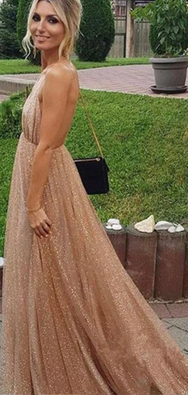 A-line Stylish Sparkly Sequin Open Back Long Prom Dresses PD143