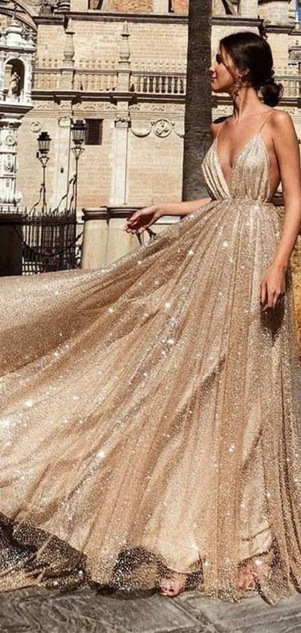 A-line Stylish Sparkly Sequin Open Back Long Prom Dresses PD143