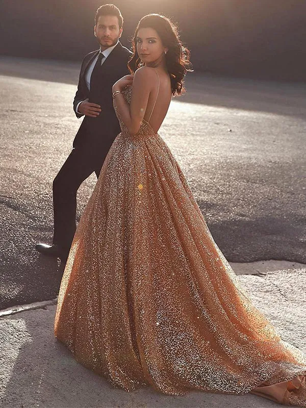 A-line Stylish Sparkly Sequin Open Back Long Prom Dresses PD143