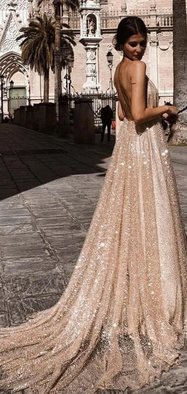 A-line Stylish Sparkly Sequin Open Back Long Prom Dresses PD143