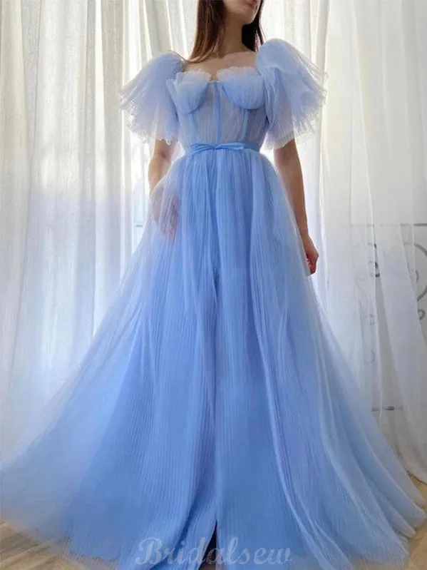 A-line Tulle Blue Long Princess Evening Prom Dresses Online PD092