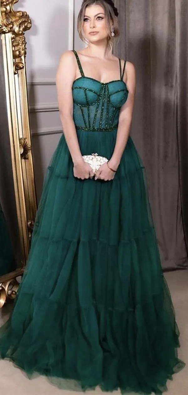 A-line Tulle Green Elegant Women Sleeveless Long Prom Dresses PD393