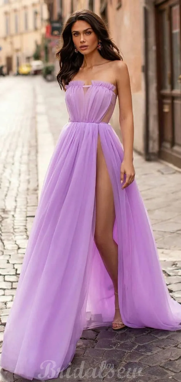 A-line Tulle Side Slit Modest Party Long Prom Dresses PD036