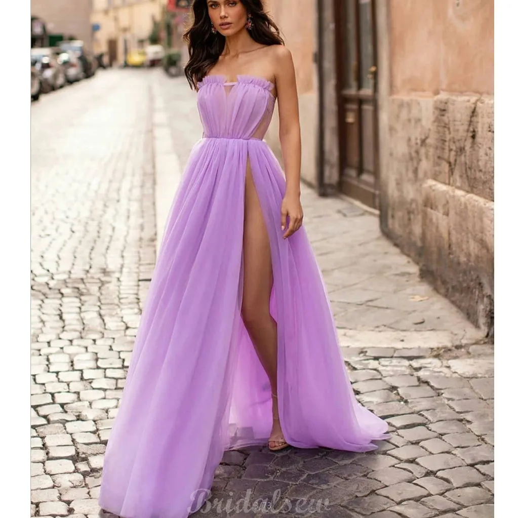 A-line Tulle Side Slit Modest Party Long Prom Dresses PD036