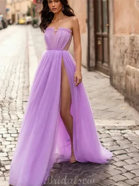 A-line Tulle Side Slit Modest Party Long Prom Dresses PD036