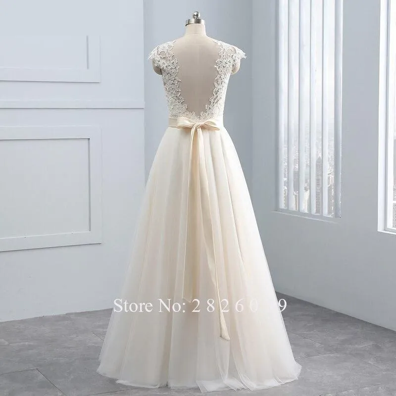 A-Line Tulle Sleeveless Lace Appliques Floor Length Bridal Gowns