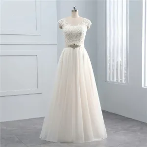 A-Line Tulle Sleeveless Lace Appliques Floor Length Bridal Gowns