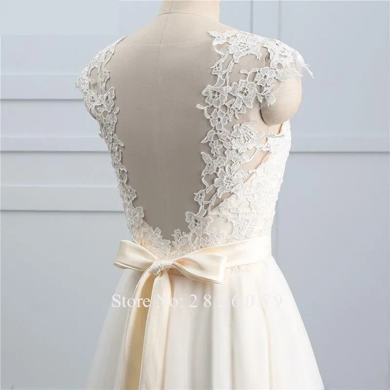 A-Line Tulle Sleeveless Lace Appliques Floor Length Bridal Gowns