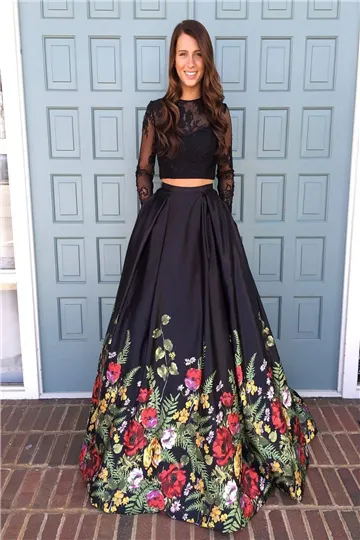 A line Two Piece Black Long Sleeve Prom Dress With Floral Print Skirt Evening Dresses KS6541