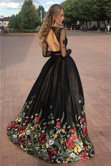 A line Two Piece Black Long Sleeve Prom Dress With Floral Print Skirt Evening Dresses KS6541