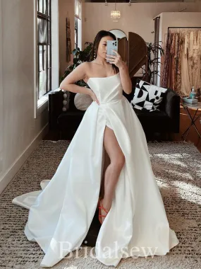 A-line Unique Design Popular Satin Garden Beach Vintage Long Wedding Dresses, Bridal Gown WD308