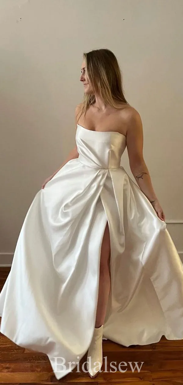 A-line Unique Design Popular Satin Garden Beach Vintage Long Wedding Dresses, Bridal Gown WD308