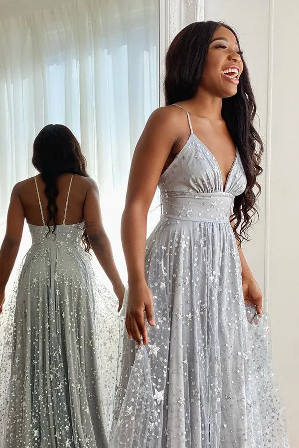 A-line Unique Sequin Modest Pretty Formal Long Evening Prom Dresses PD285