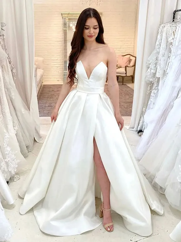 A-line Unique Simple Long Satin Strapless Wedding Dresses, Bridal Gowns WD108