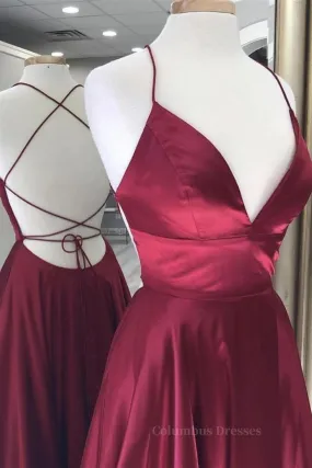 A Line V Neck Backless Burgundy Long Prom Dresses, Backless Burgundy Formal Graduation Evening Dresses