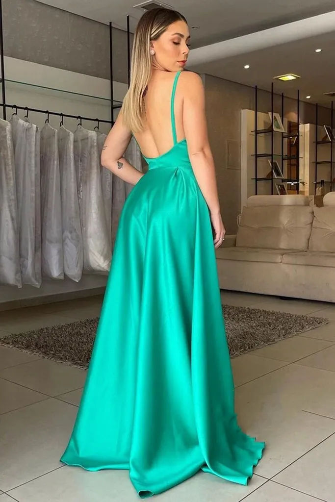 A Line V Neck Backless Green Satin Long Prom Dresses with High Slit, Backless Green Formal Graduation Evening Dresses