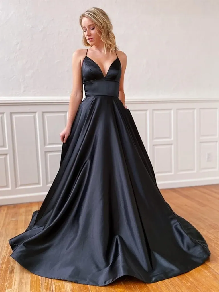 A Line V Neck Black Backless Satin Prom Dresses, Open Back V Neck Black Long Satin Formal Evening Dresses