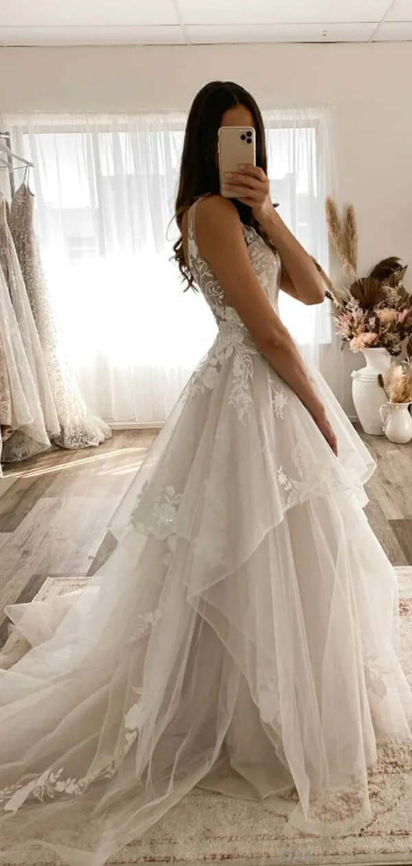 A-line V-Neck Boho French Tulle Long Dream Wedding Dresses WD025