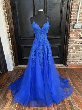 Elegant Royal Blue Lace V-Neck Prom Dress - Stunning Formal Evening Gown with Beautiful Lace Details