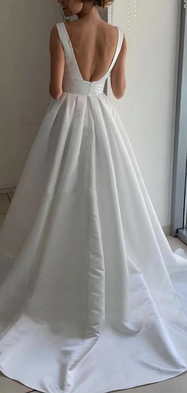 A-line V-Neck Satin Simple Elegant Vintage Beach Long Wedding Dresses WD192