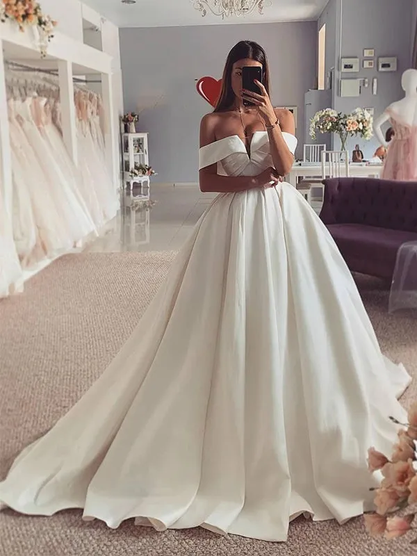 A-line Vintage Off-the-Shoulder Satin Long Wedding Dresses, Bridal Gowns WD095