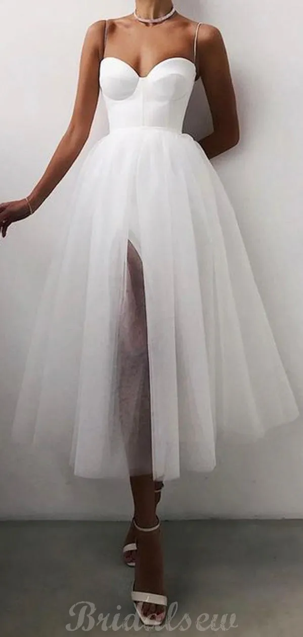 A-line White Tulle Spaghetti Straps Modest Prom Dresses PD112