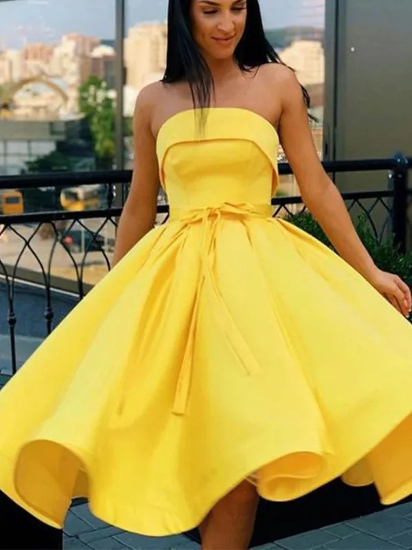 A-line Yellow Off The Shoulder Satin Short Homecoming Dresses HD010