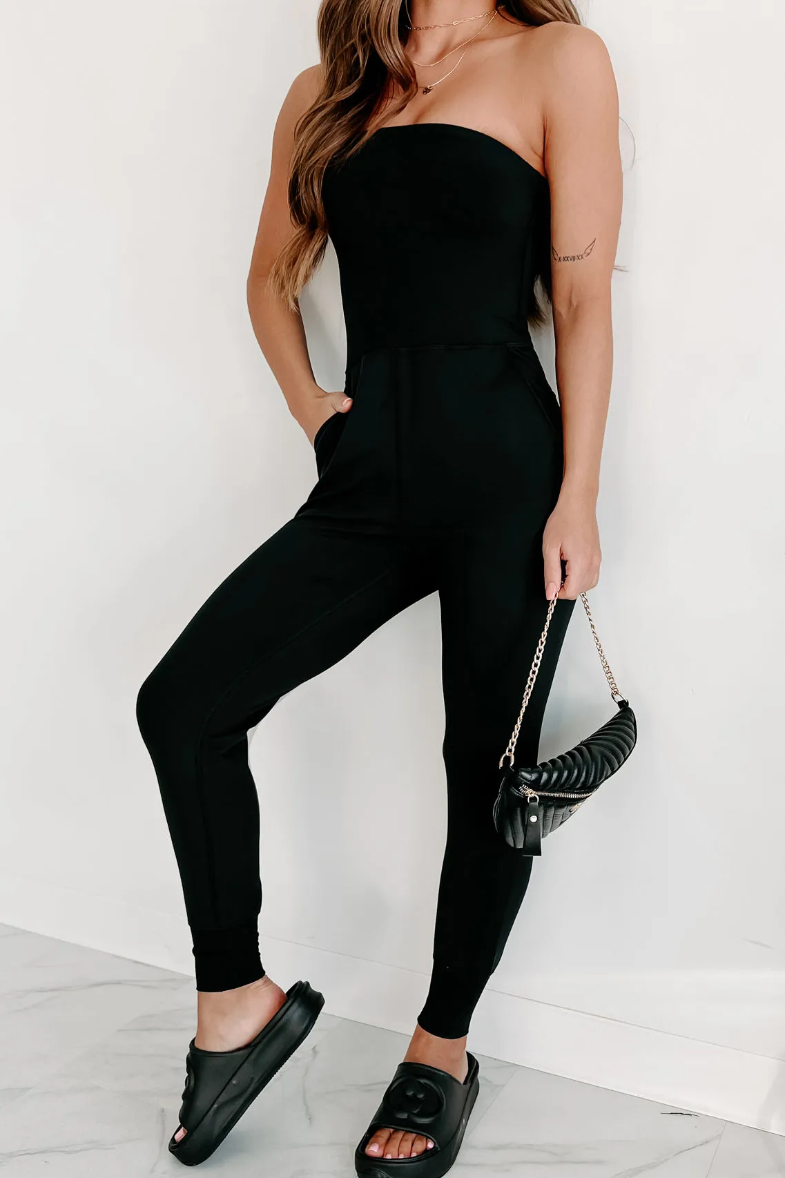 Addicted To Traveling Strapless Jumpsuit (Black)