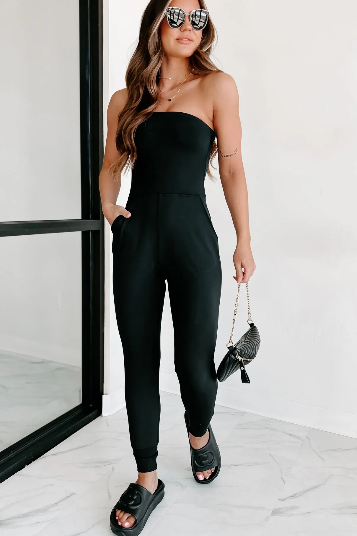 Addicted To Traveling Strapless Jumpsuit (Black)