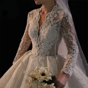 All Pearl Beaded Luxury Couture Ball Gown Wedding Dress Long sleeves lace wedding dress with royal long train