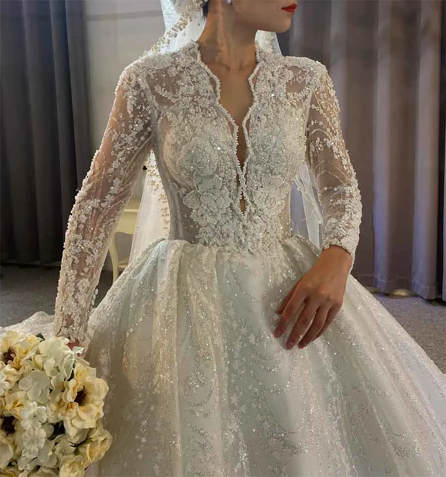 All Pearl Beaded Luxury Couture Ball Gown Wedding Dress Long sleeves lace wedding dress with royal long train