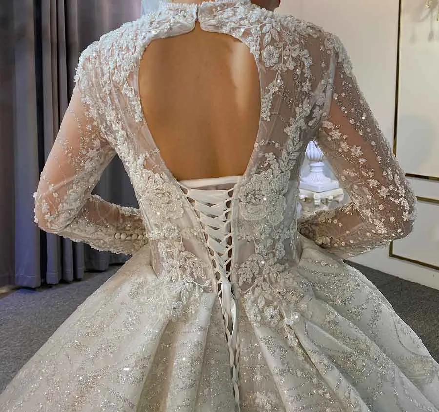 All Pearl Beaded Luxury Couture Ball Gown Wedding Dress Long sleeves lace wedding dress with royal long train