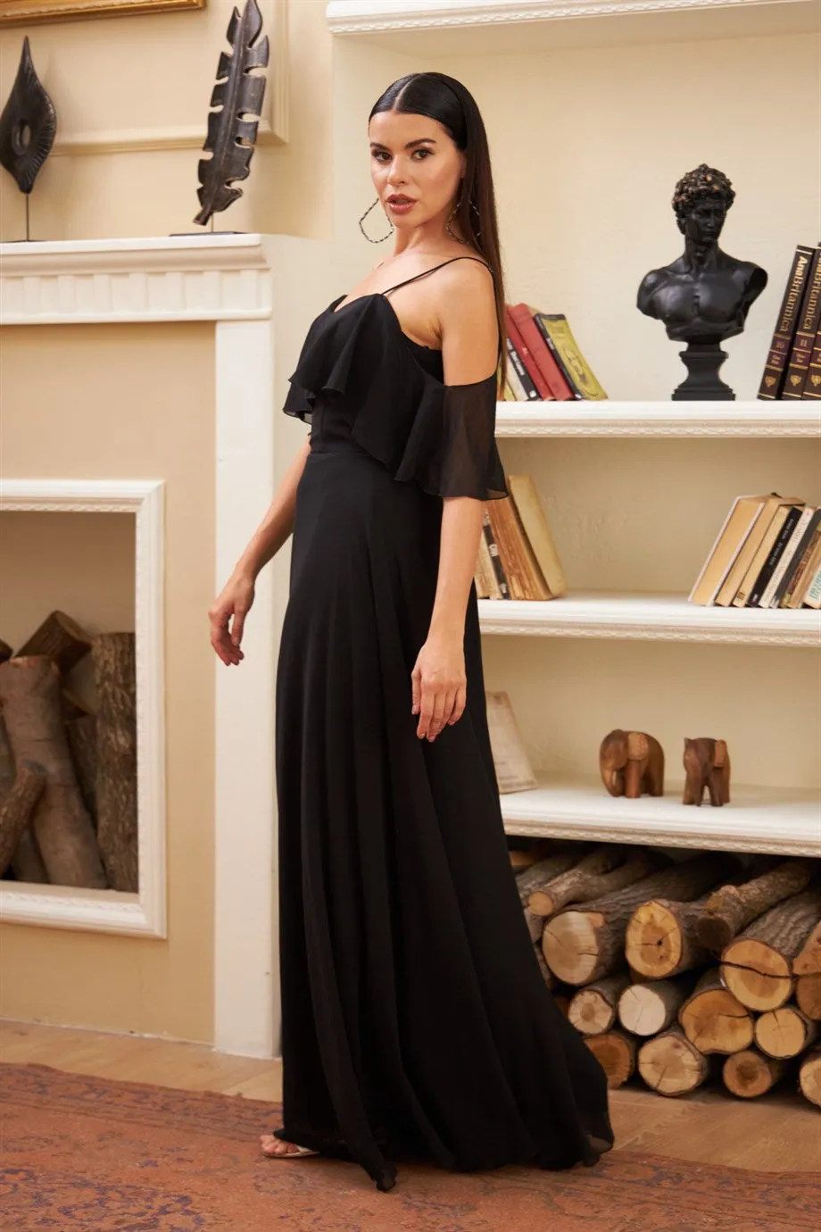 Angelino black low sleeve strap long evening dress dress