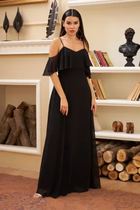 Angelino black low sleeve strap long evening dress dress