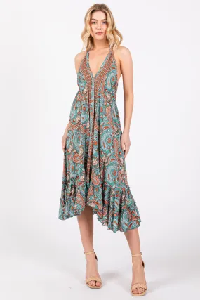 Aqua Floral Paisley Cut-Out Back Halter Dress