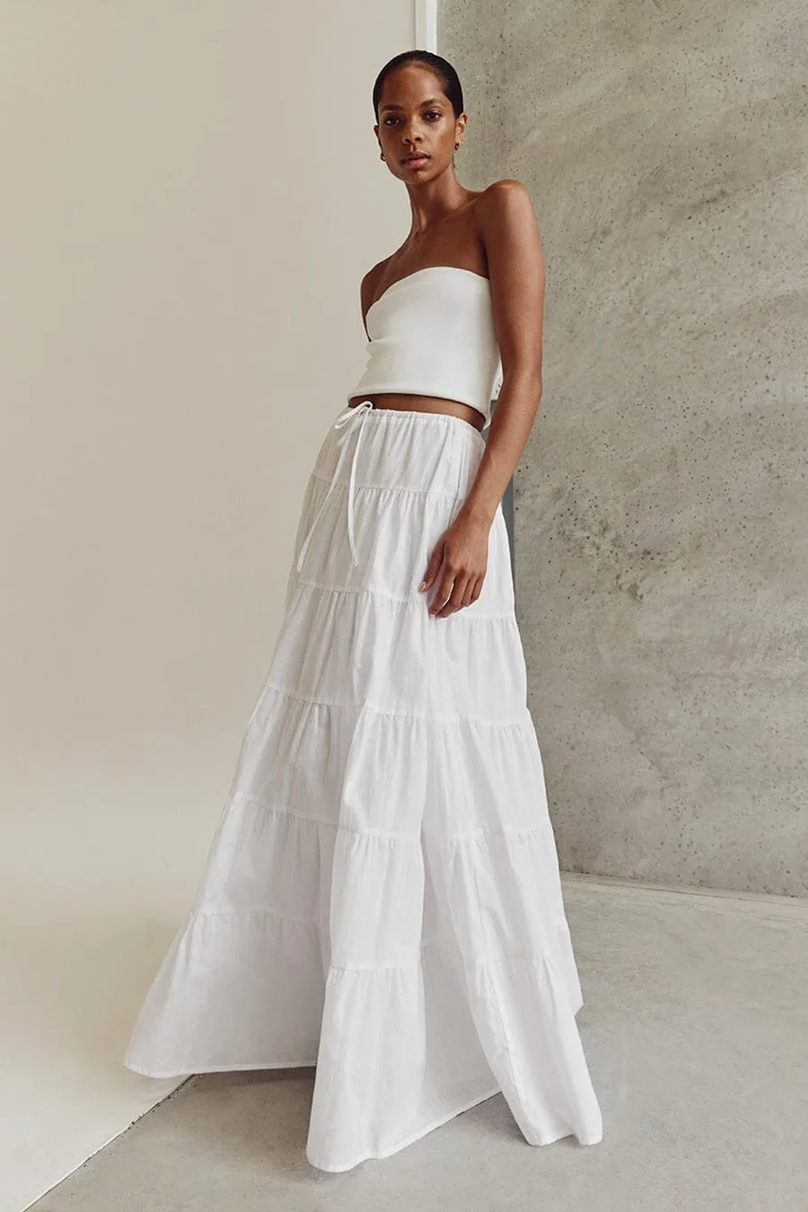 ARI WHITE LINEN TIERED MAXI SKIRT