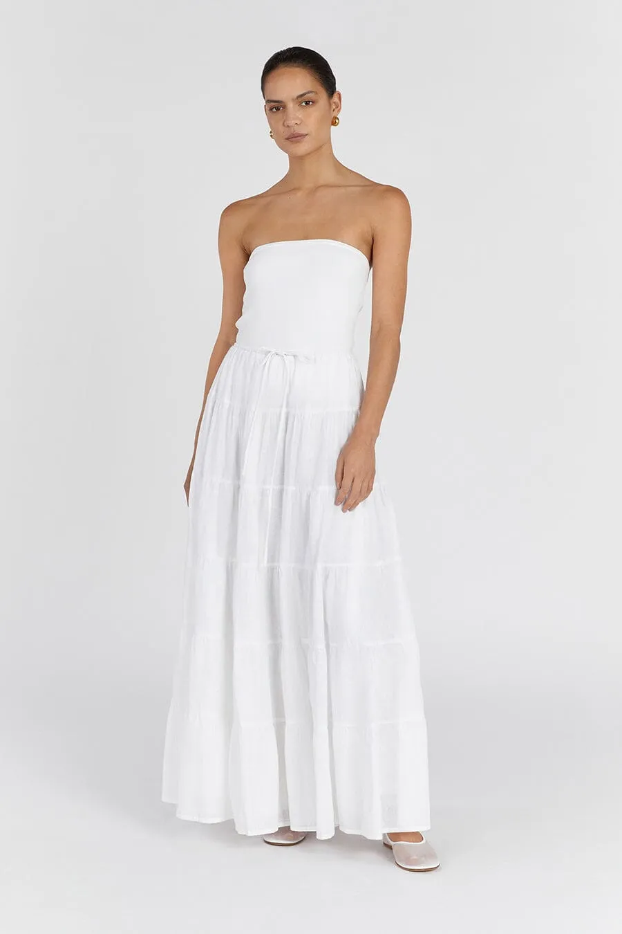 ARI WHITE LINEN TIERED MAXI SKIRT