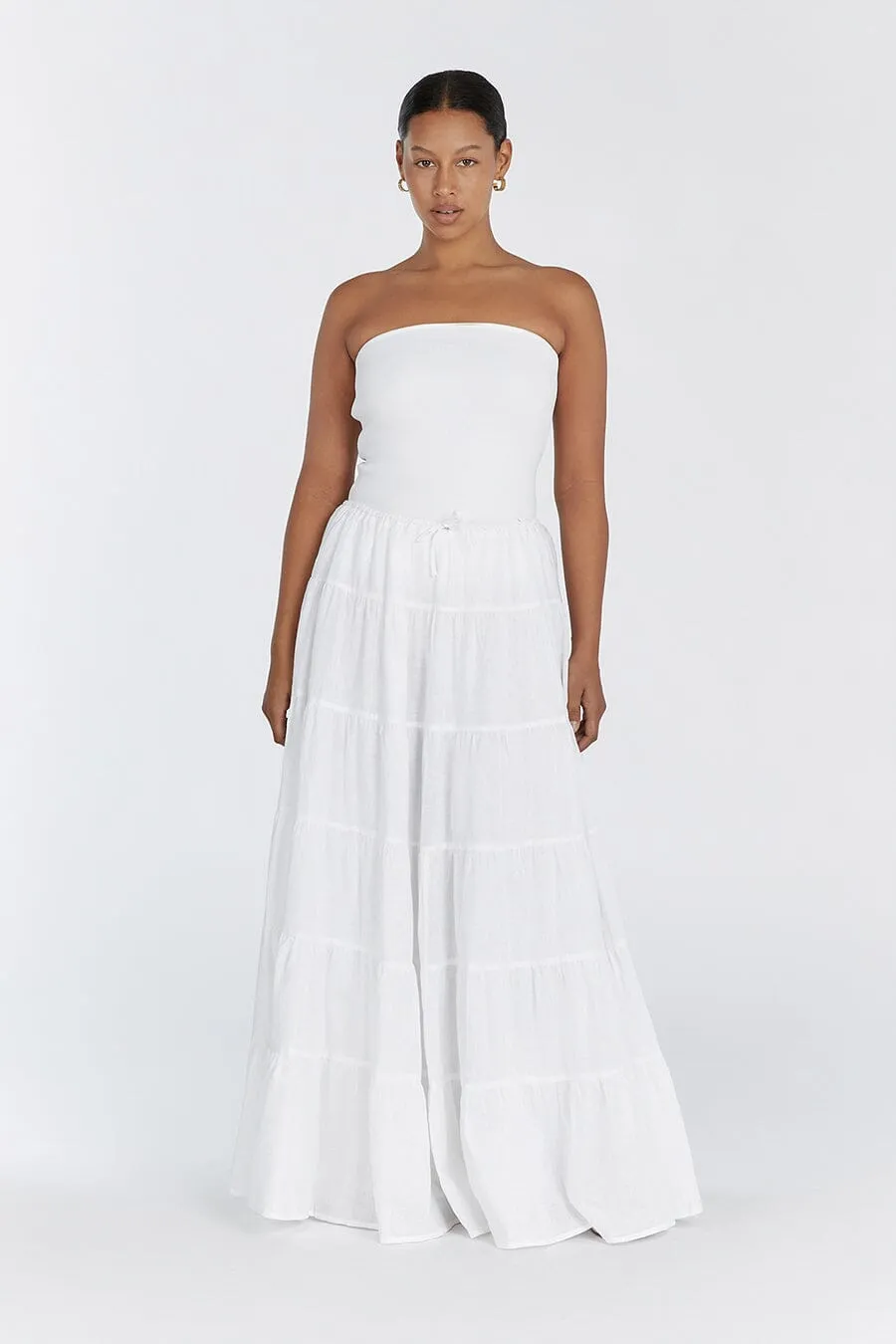 ARI WHITE LINEN TIERED MAXI SKIRT