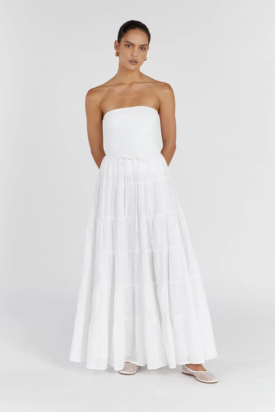 ARI WHITE LINEN TIERED MAXI SKIRT