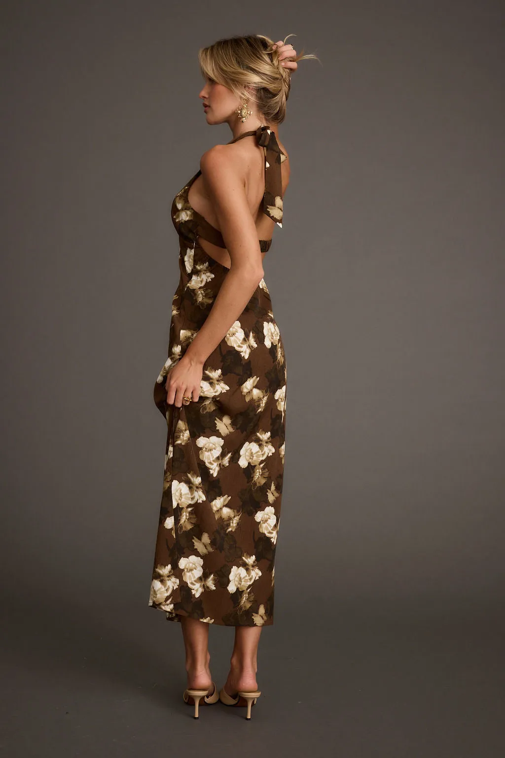 Audrina Brown Floral Halter Maxi Dress