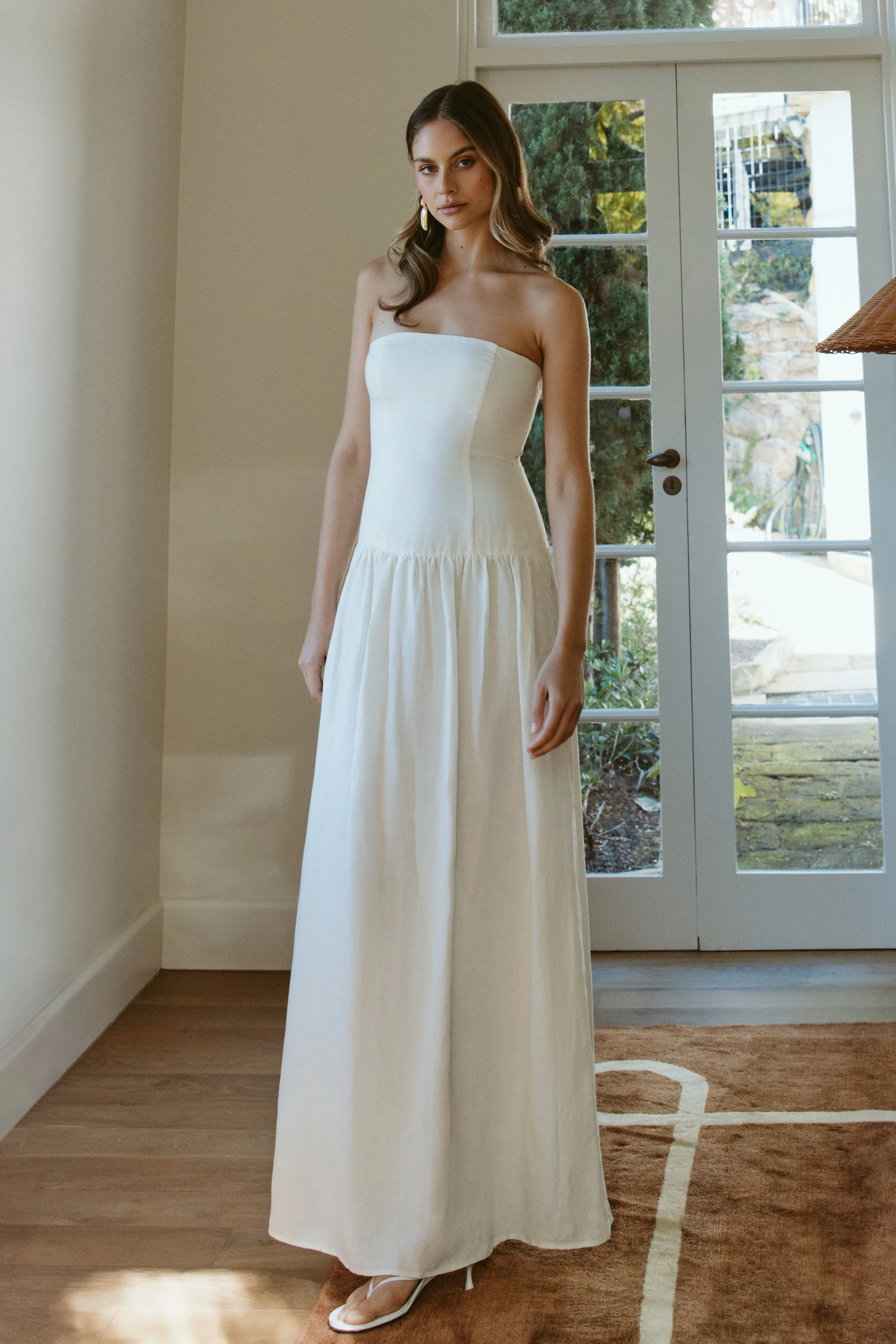 Audrina Strapless Linen Maxi Dress - White