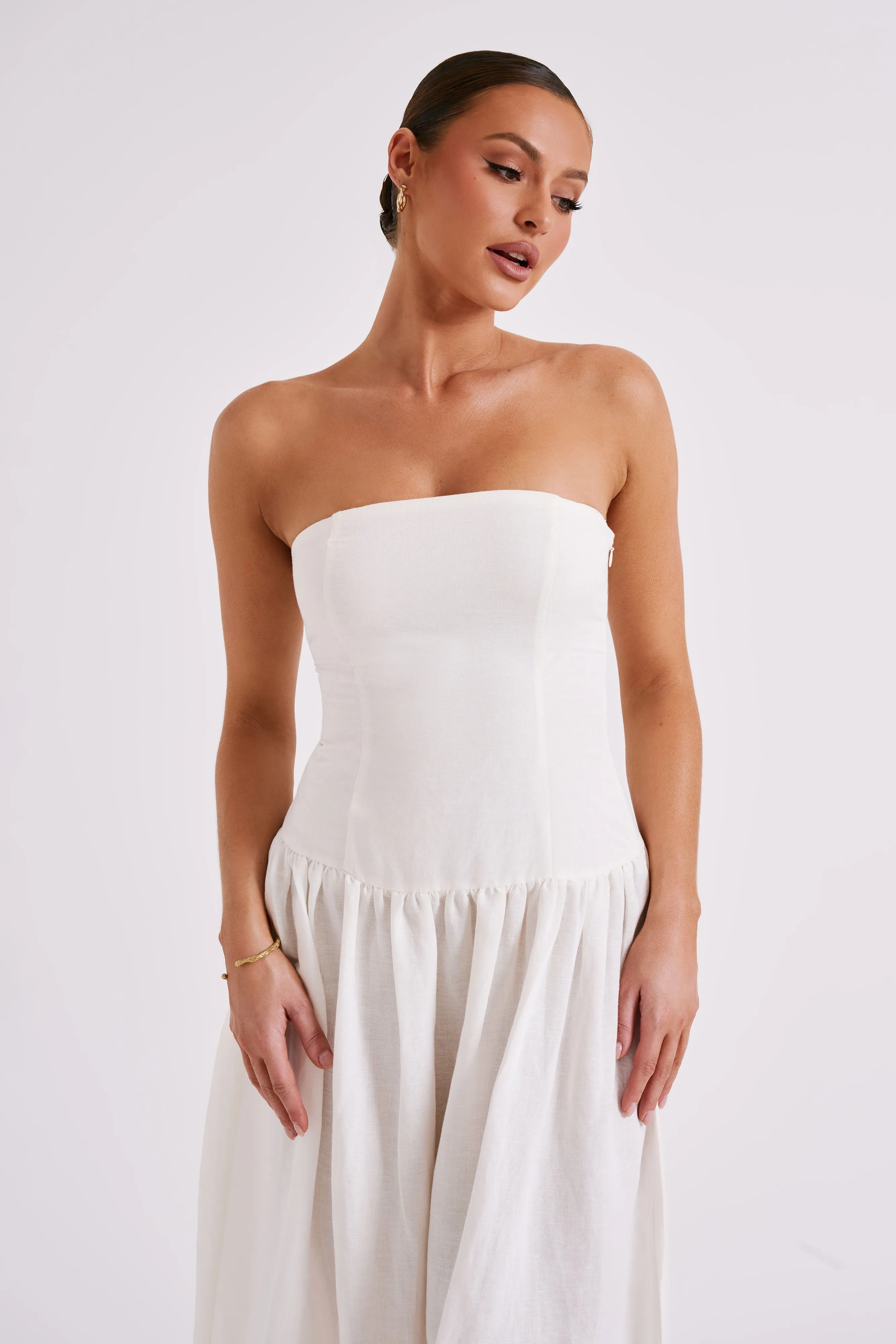 Audrina Strapless Linen Maxi Dress - White