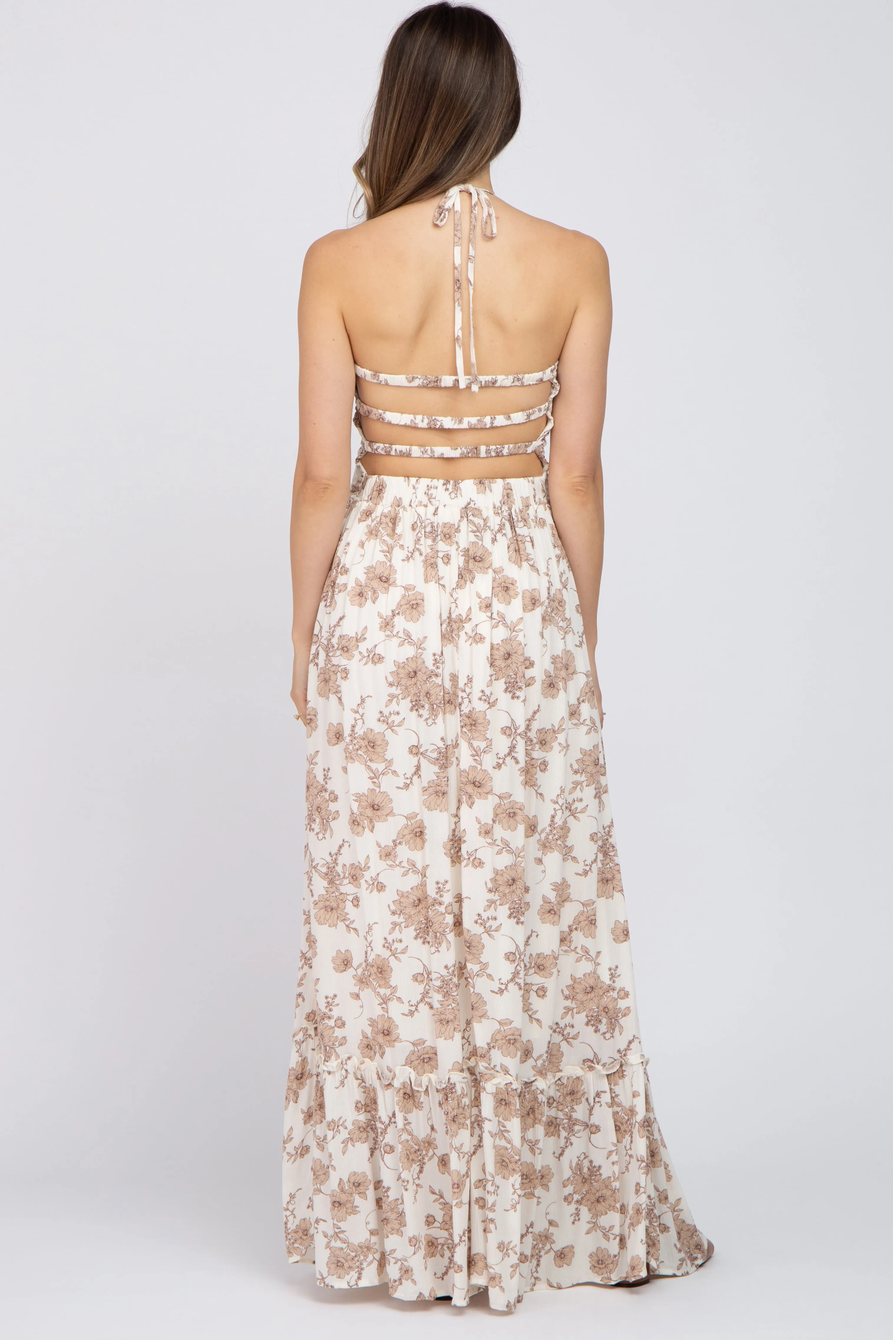 Beige Floral Smocked Halter Back Cutout Maternity Maxi Dress