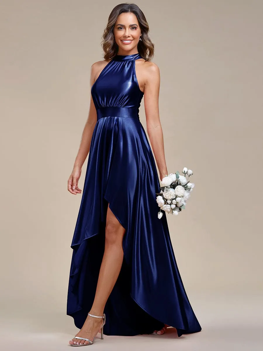 Belly Collar High-Low A-Line Satin Halter Bridesmaid Dress