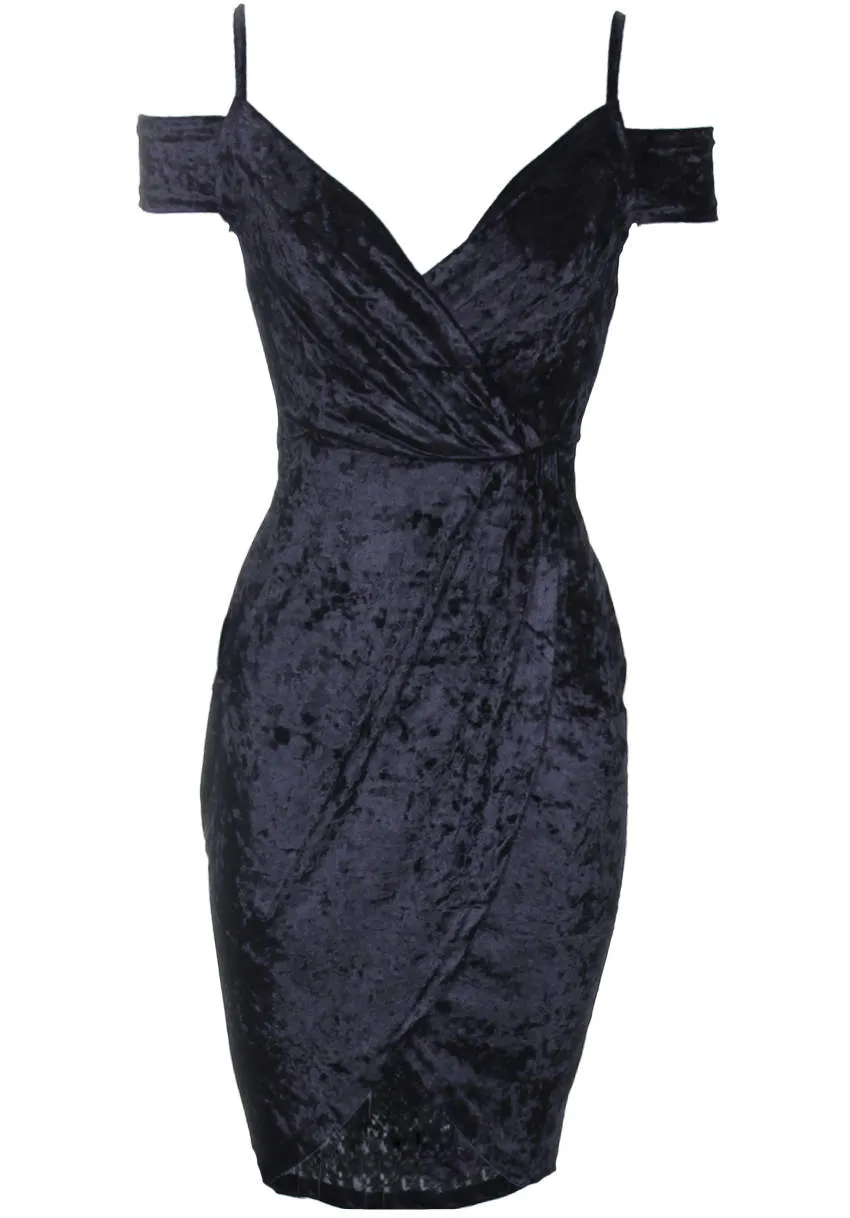 Black Crushed Velvet Wrap Dress